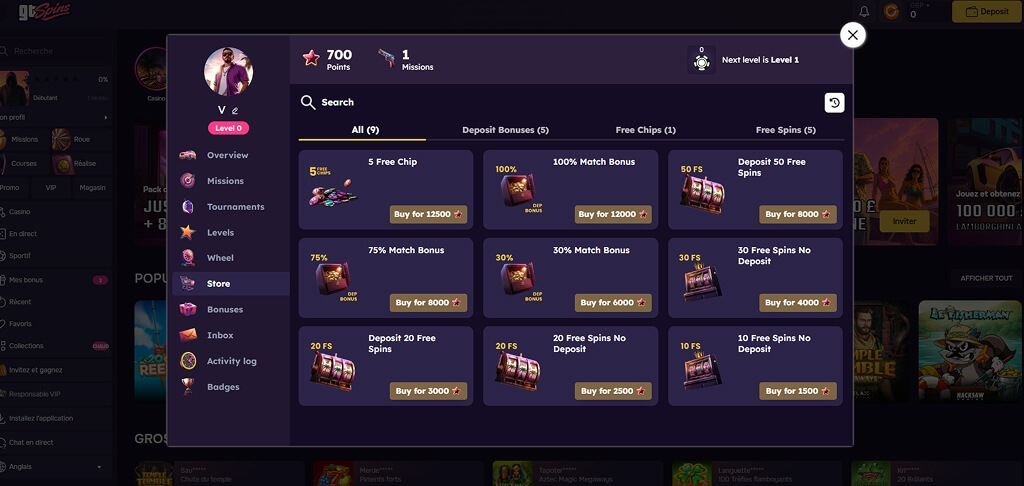 Boutique de bonus du casino GTSpins