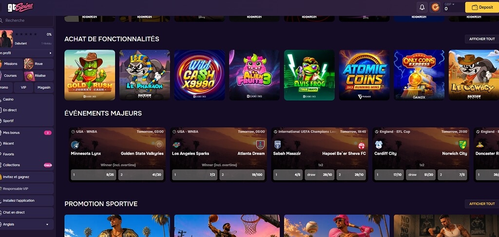 Interface du casino GTSpins