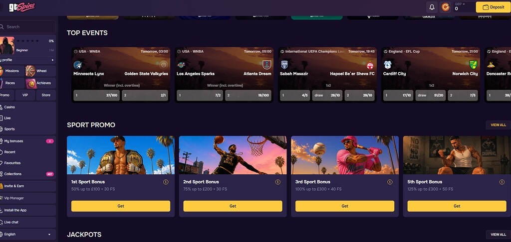 Interface van het GTSpins Casino