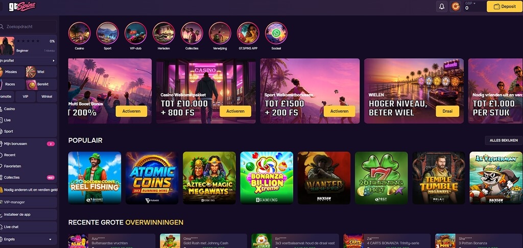 Lobby van het casino GTSpins Casino