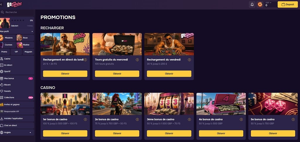 Promotions au casino GTSpins