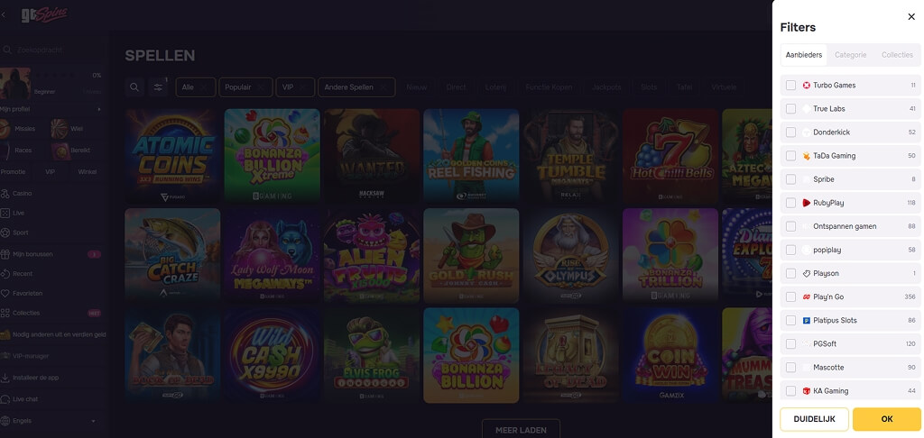 Spelleveranciers GTSpins Casino